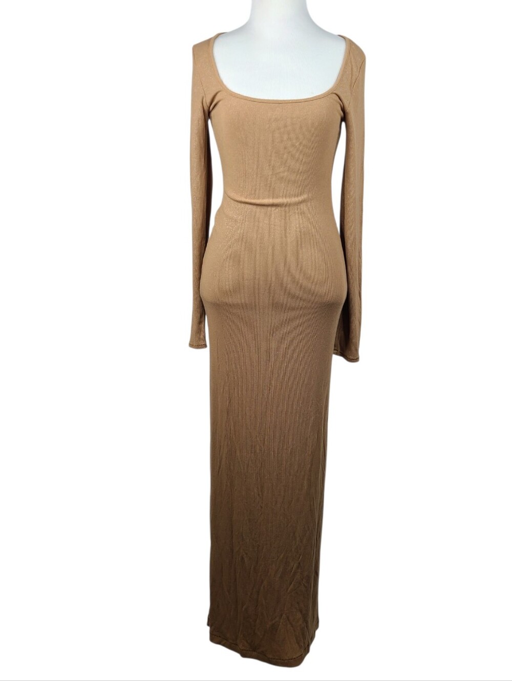 Skims Camel Brown Shimmer Rib Knit Scoop Neck Maxi Dress Women's Size L
